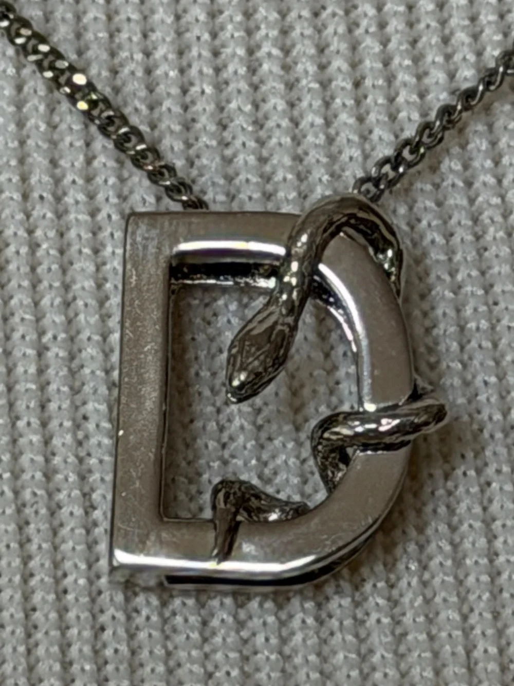Saint Laurent YSL Sterling Silver D Initial Letter Snake Pendant Chain Necklace